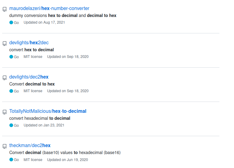 Github search results for ‘Decimal to Hexadecimal’ query string